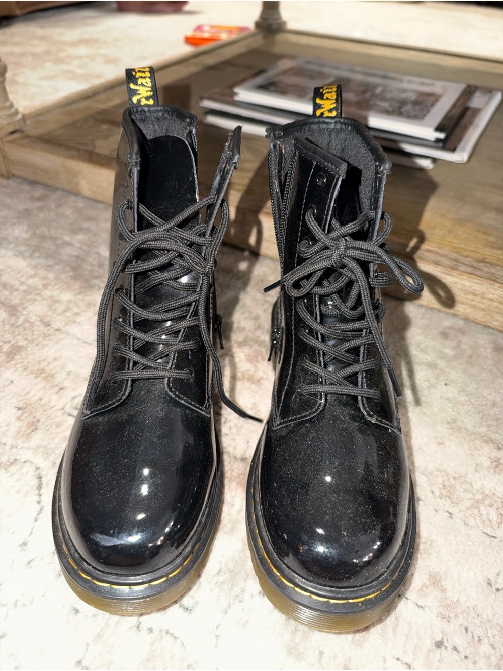Dr. Martens Black Patent Lace-Up Ankle Boots with Yellow Stitching